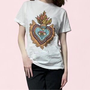 White Graphic Tee with Evil Eye Sacred Heart Design